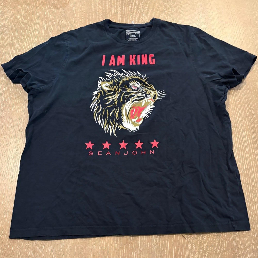 Sean John I Am King Tiger Graphic T-Shirt Mens 2XL Black Short Sleeve Tee